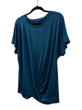 APT. 9 Teal Twist Front Top XL Short Sleeve Draped Stretch Blouse crew neck